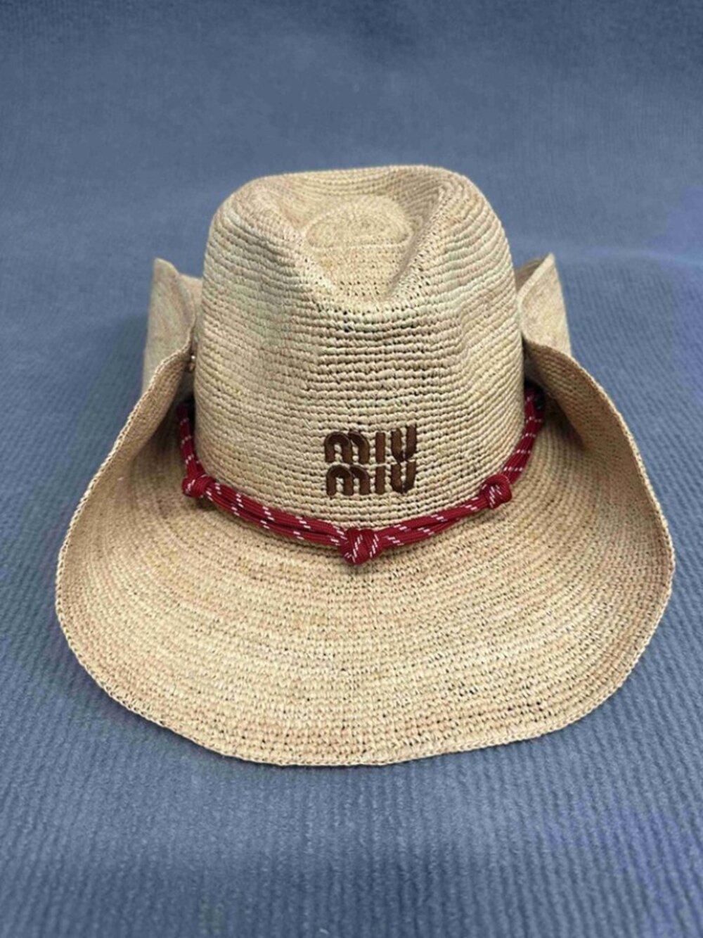 Miu Miu Logo Cowboy Straw Hat Red Knot Band